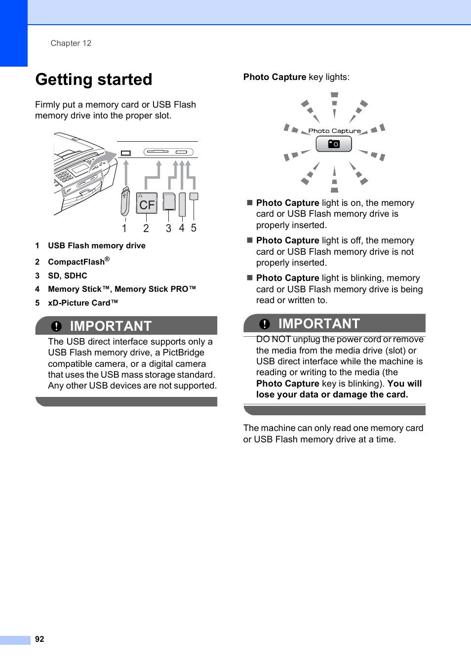 Getting started, Important | Brother MFC-495CW User Manual | Page 108 / 224