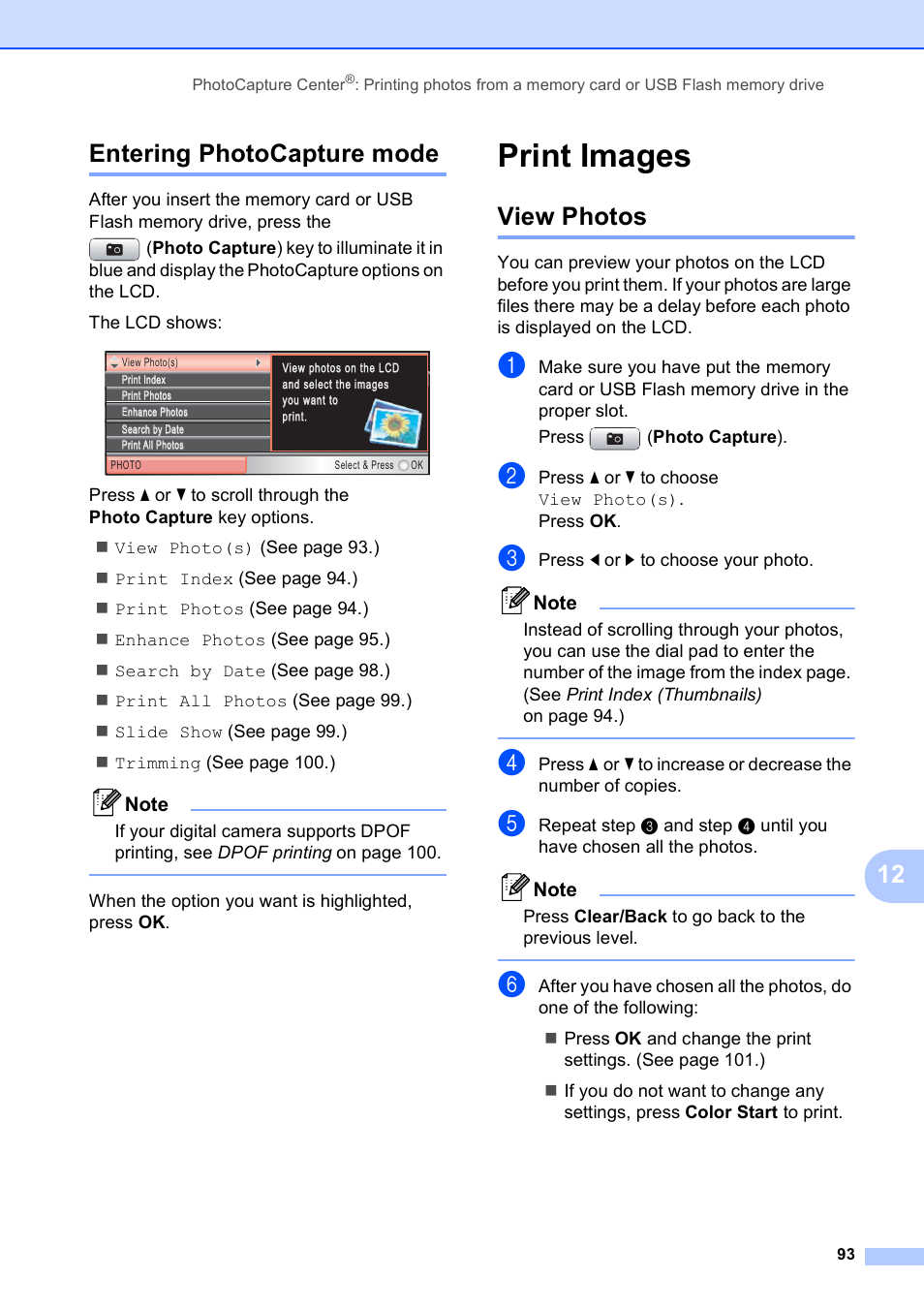Entering photocapture mode, Print images, View photos | 12 entering photocapture mode | Brother MFC-495CW User Manual | Page 109 / 224