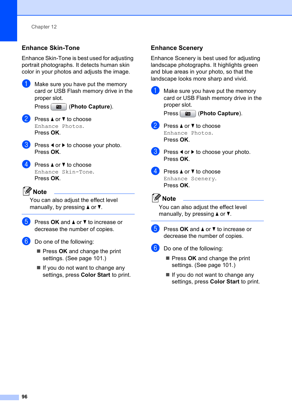 Enhance skin-tone, Enhance scenery | Brother MFC-495CW User Manual | Page 112 / 224