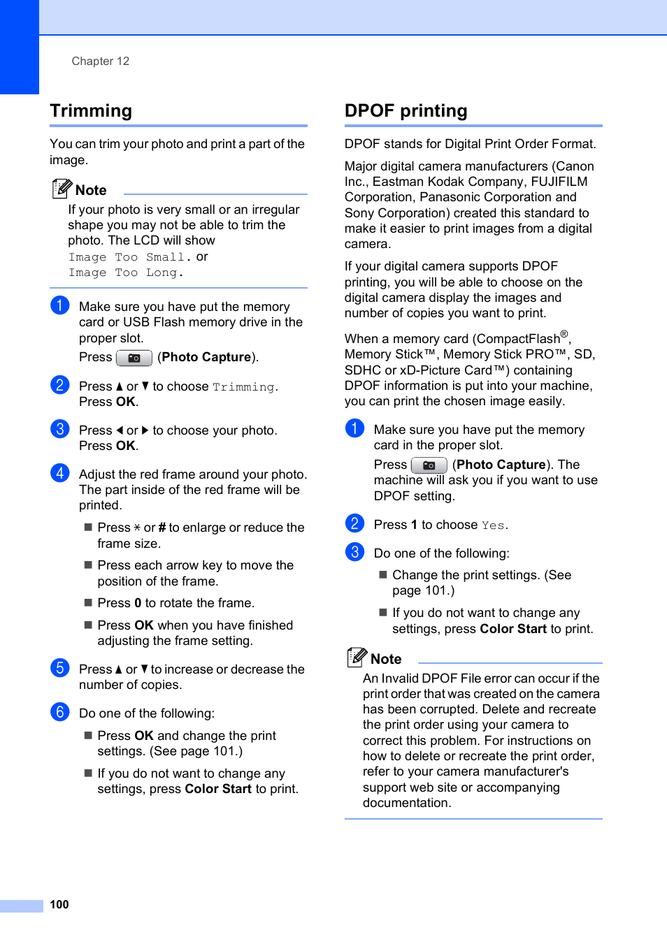 Trimming, Dpof printing, Trimming dpof printing | Brother MFC-495CW User Manual | Page 116 / 224
