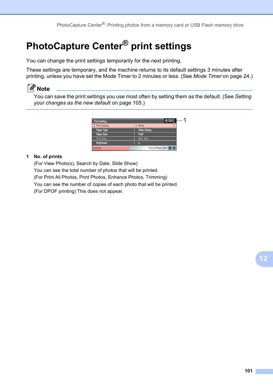 Photocapture center® print settings, Photocapture center, Print settings | Brother MFC-495CW User Manual | Page 117 / 224