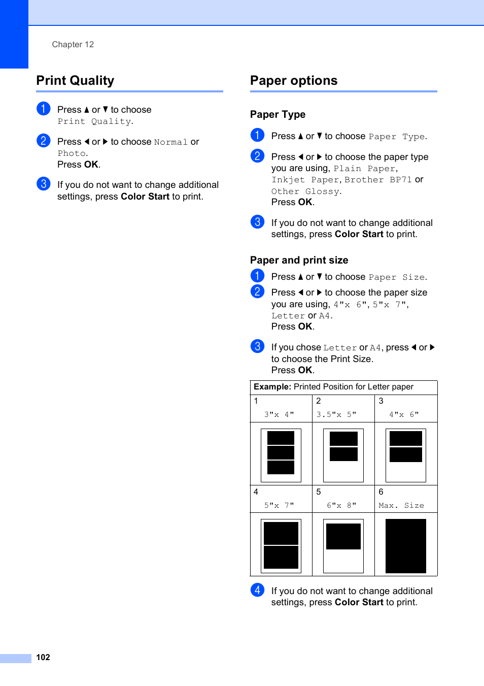 Print quality, Paper options, Paper type | Paper and print size, Print quality paper options | Brother MFC-495CW User Manual | Page 118 / 224