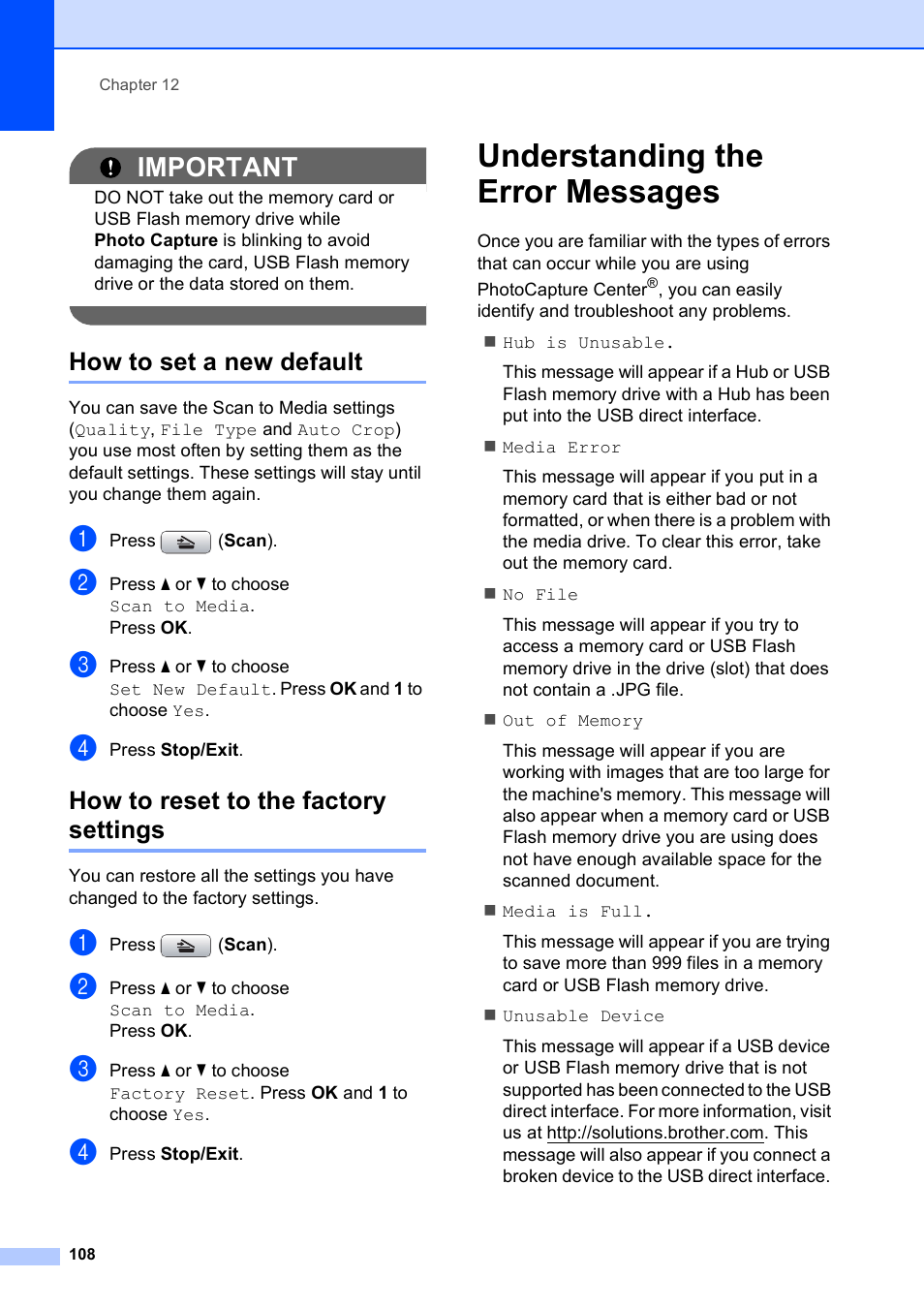 How to set a new default, How to reset to the factory settings, Understanding the error messages | Important | Brother MFC-495CW User Manual | Page 124 / 224