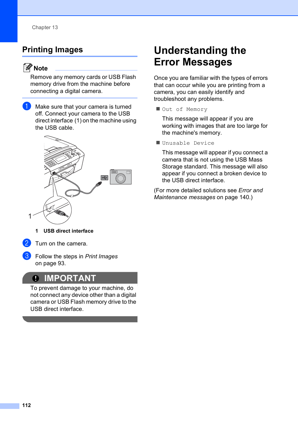Printing images, Understanding the error messages, Important | Brother MFC-495CW User Manual | Page 128 / 224
