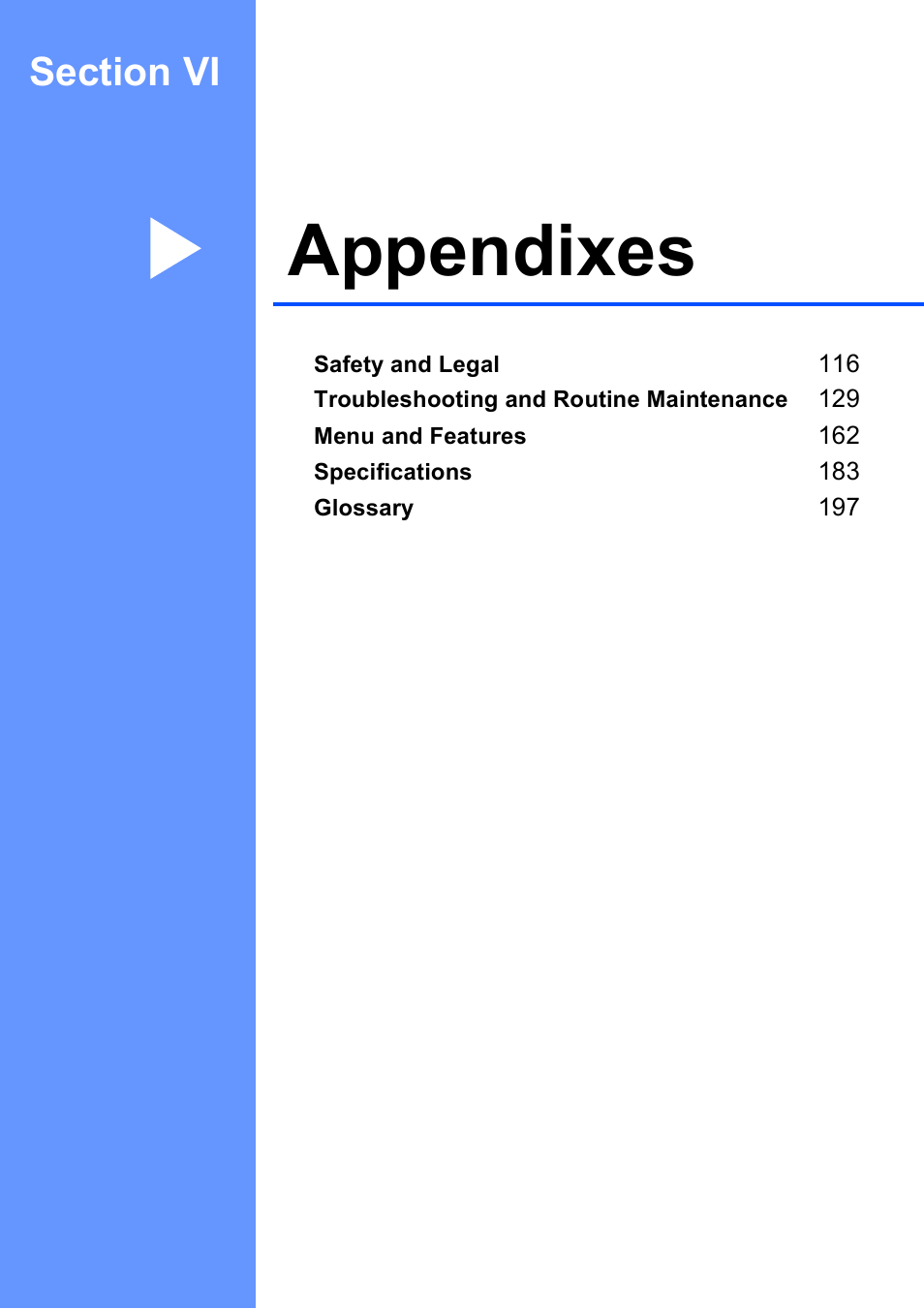 Section vi: appendixes, Section vi appendixes, Appendixes | Brother MFC-495CW User Manual | Page 131 / 224
