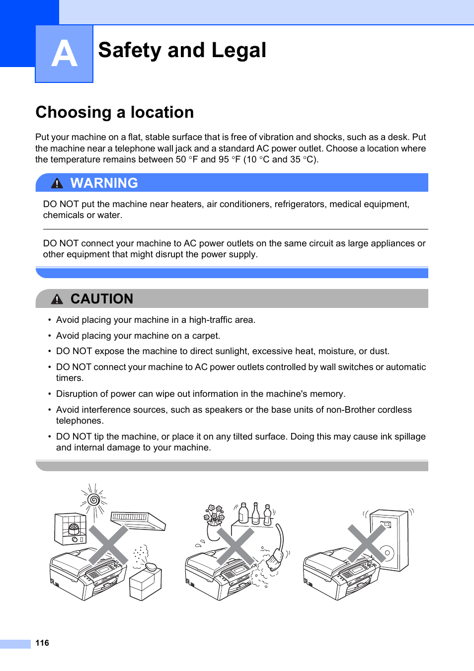 A safety and legal, Choosing a location, Safety and legal | Warning, Caution | Brother MFC-495CW User Manual | Page 132 / 224