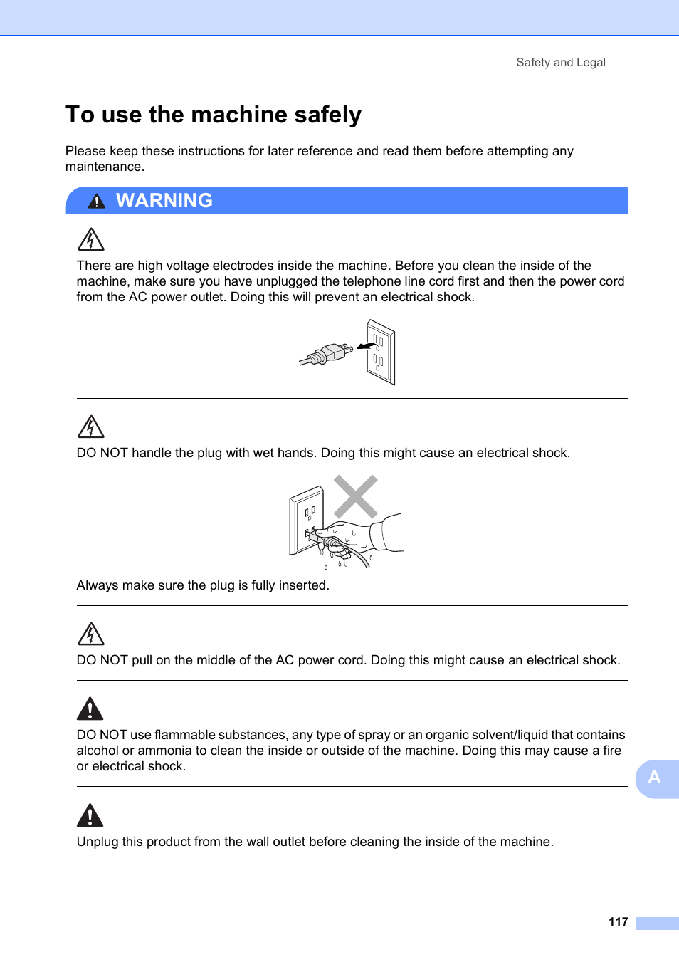 To use the machine safely, Warning, Always make sure the plug is fully inserted | Safety and legal 117 | Brother MFC-495CW User Manual | Page 133 / 224