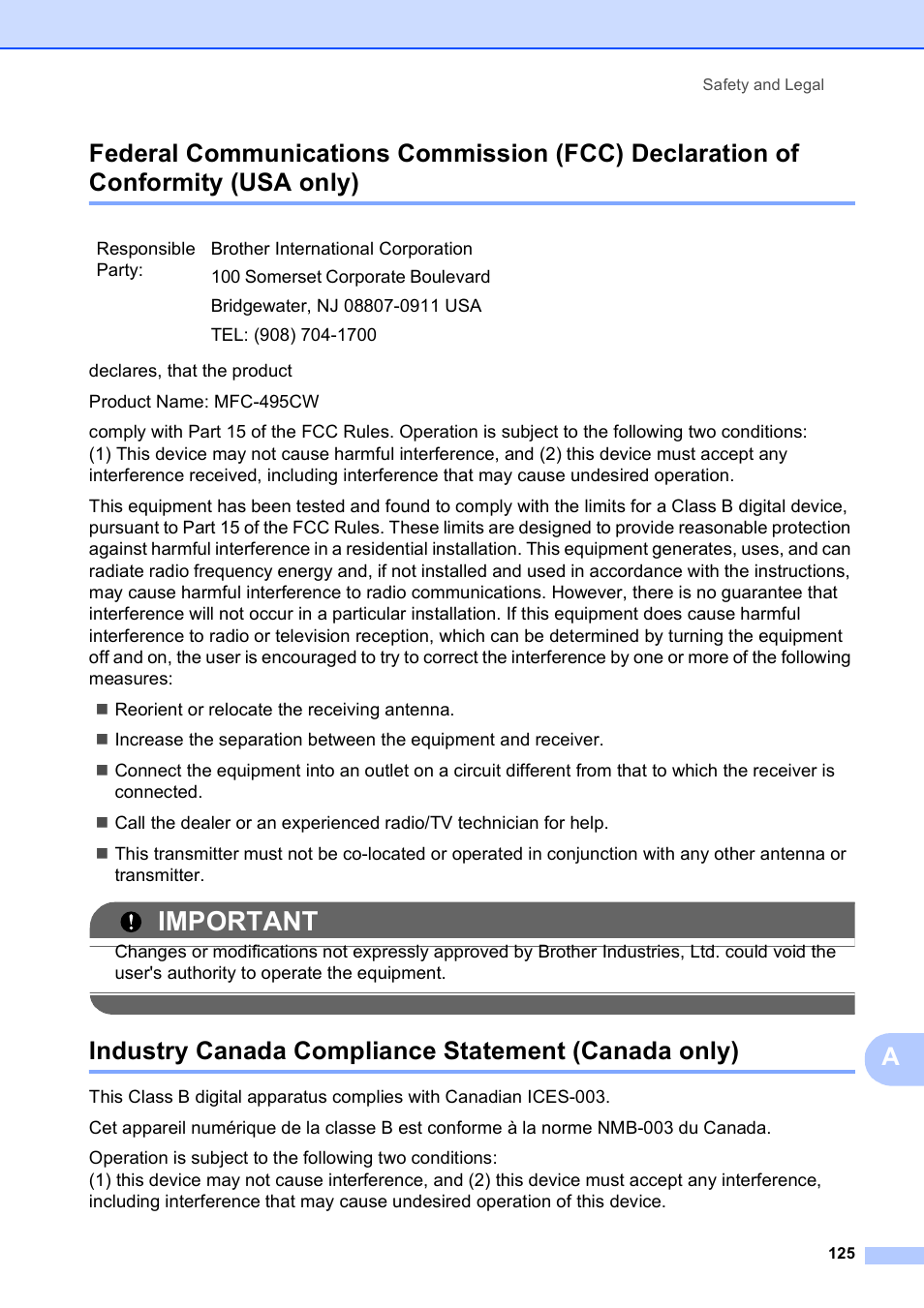 Industry canada compliance statement (canada only), Usa only), Important | Brother MFC-495CW User Manual | Page 141 / 224