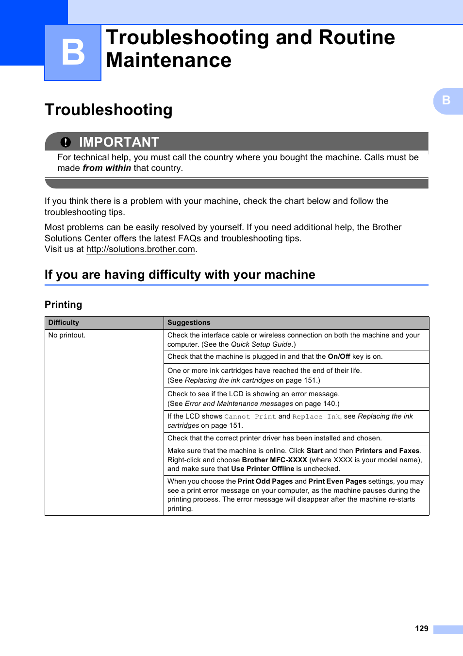 B troubleshooting and routine maintenance, Troubleshooting, If you are having difficulty with your machine | Troubleshooting and routine maintenance, Important | Brother MFC-495CW User Manual | Page 145 / 224