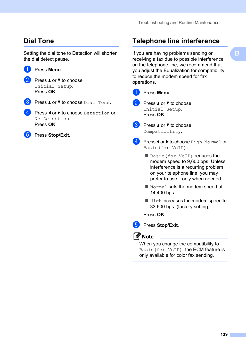 Dial tone, Telephone line interference, Dial tone telephone line interference | Bdial tone | Brother MFC-495CW User Manual | Page 155 / 224