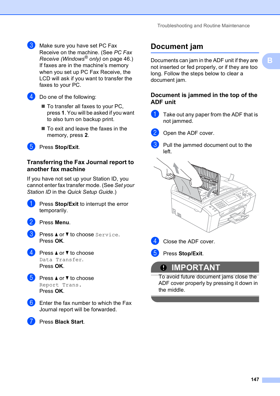 Document jam, Document is jammed in the top of the adf unit, Important | Brother MFC-495CW User Manual | Page 163 / 224