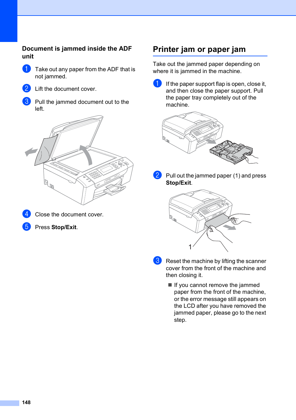 Document is jammed inside the adf unit, Printer jam or paper jam | Brother MFC-495CW User Manual | Page 164 / 224