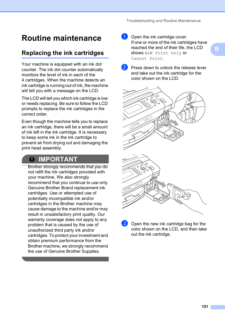 Routine maintenance, Replacing the ink cartridges, Important | Brother MFC-495CW User Manual | Page 167 / 224