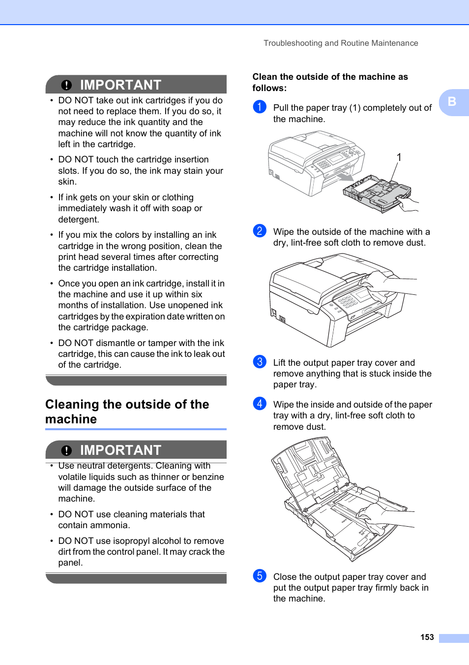 Cleaning the outside of the machine, Important | Brother MFC-495CW User Manual | Page 169 / 224