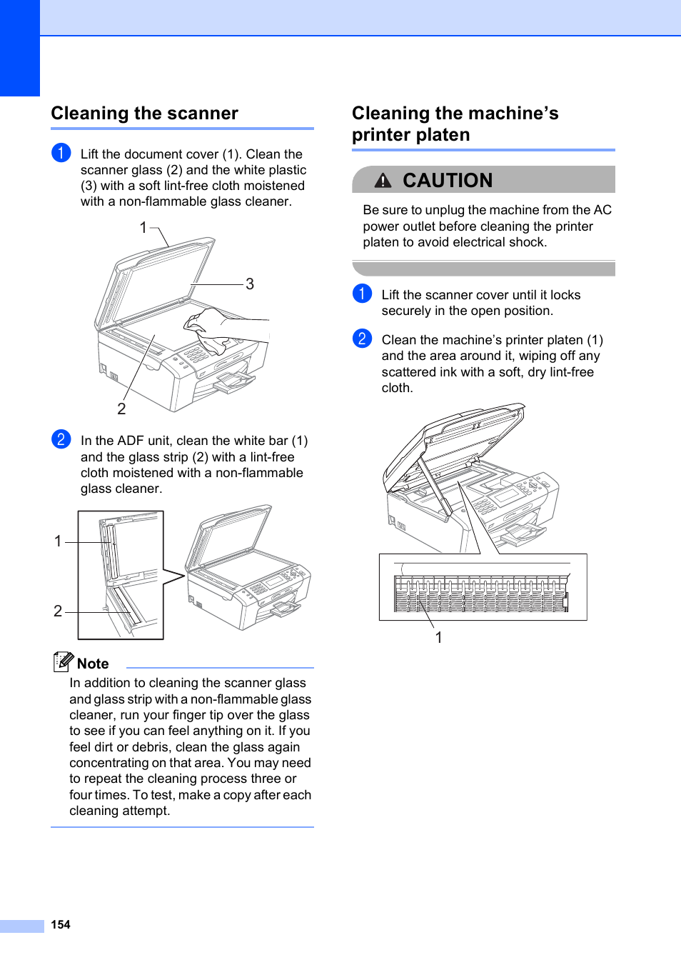 Cleaning the scanner, Cleaning the machine’s printer platen, Caution | Brother MFC-495CW User Manual | Page 170 / 224