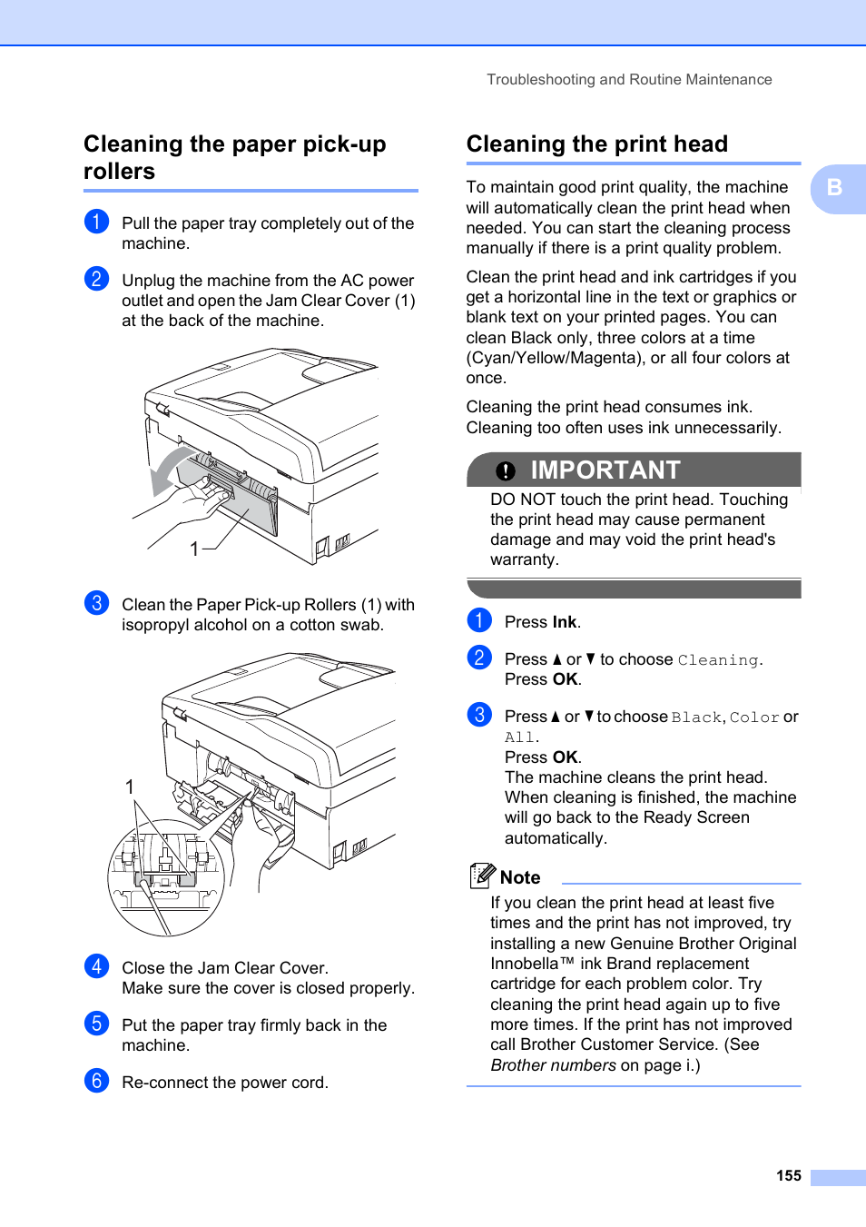 Cleaning the paper pick-up rollers, Cleaning the print head, Important | Bcleaning the paper pick-up rollers | Brother MFC-495CW User Manual | Page 171 / 224