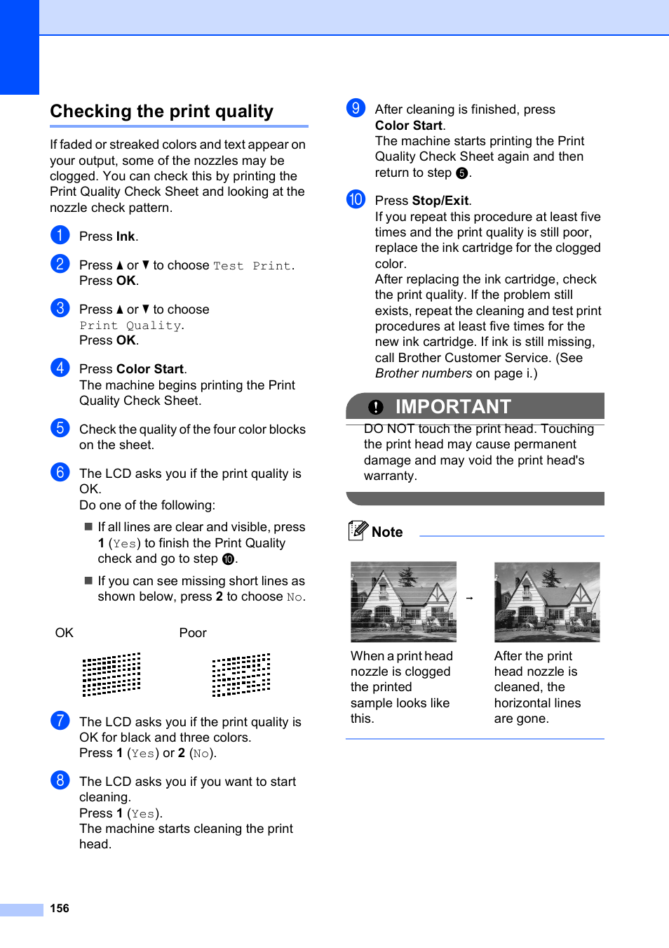 Checking the print quality, Important | Brother MFC-495CW User Manual | Page 172 / 224