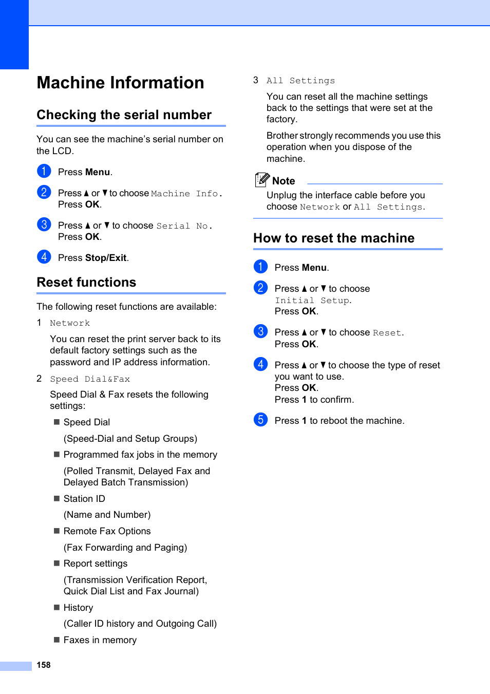 Machine information, Checking the serial number, Reset functions | How to reset the machine | Brother MFC-495CW User Manual | Page 174 / 224