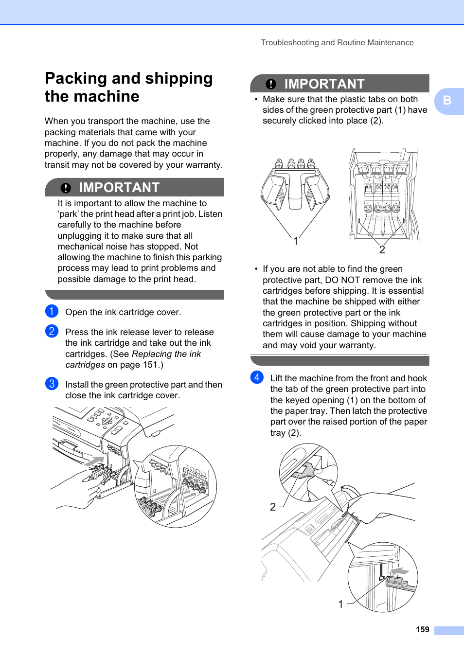 Packing and shipping the machine, Important | Brother MFC-495CW User Manual | Page 175 / 224