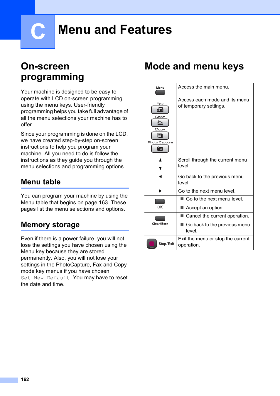 C menu and features, On-screen programming, Menu table | Memory storage, Mode and menu keys, Menu and features, Menu table memory storage | Brother MFC-495CW User Manual | Page 178 / 224