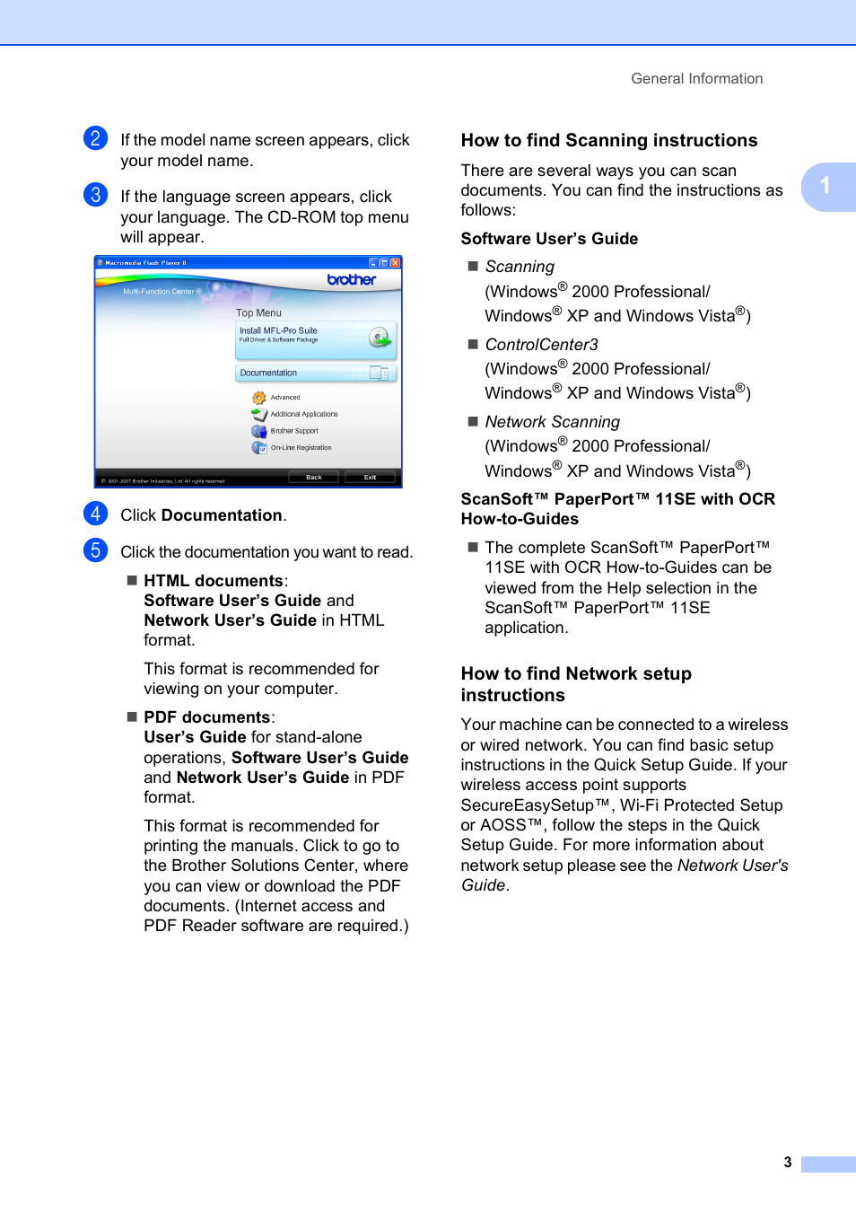 How to find scanning instructions, How to find network setup instructions | Brother MFC-495CW User Manual | Page 19 / 224