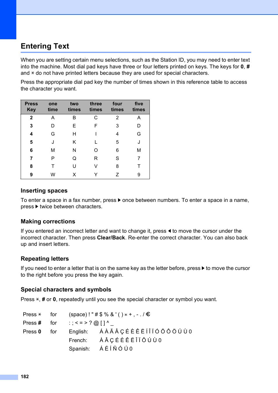 Entering text, Inserting spaces, Making corrections | Repeating letters, Special characters and symbols | Brother MFC-495CW User Manual | Page 198 / 224