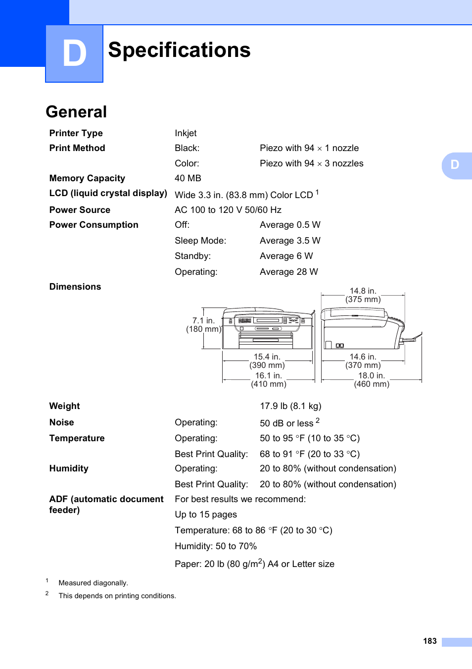 D specifications, General, Specifications | Brother MFC-495CW User Manual | Page 199 / 224