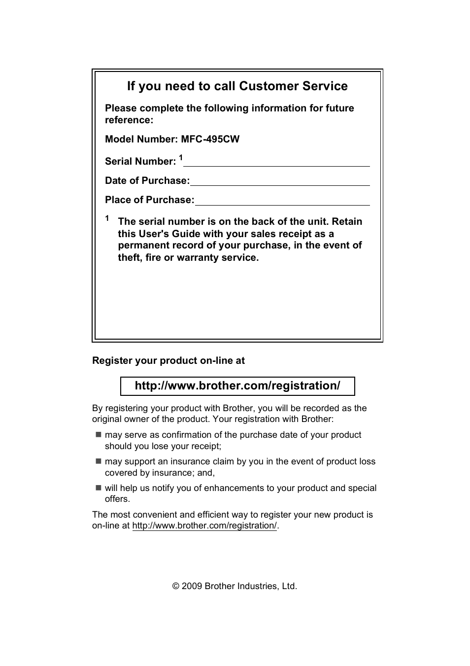 If you need to call customer service | Brother MFC-495CW User Manual | Page 2 / 224