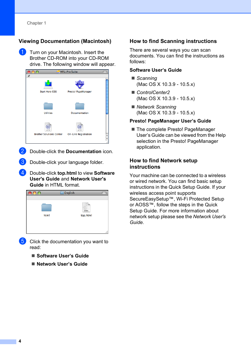 Viewing documentation (macintosh), How to find scanning instructions, How to find network setup instructions | Brother MFC-495CW User Manual | Page 20 / 224