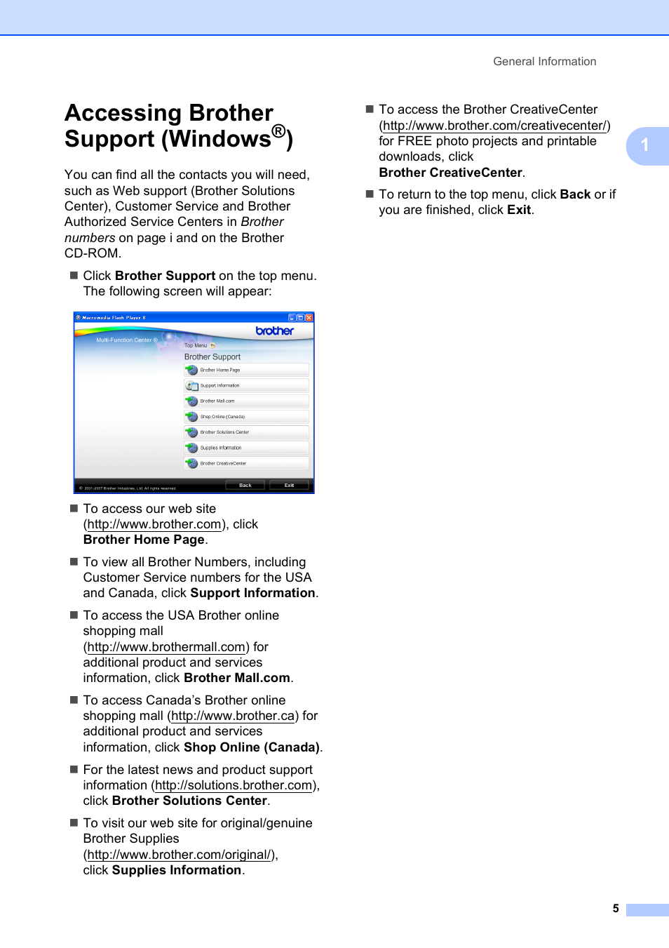 Accessing brother support (windows®), Accessing brother support (windows | Brother MFC-495CW User Manual | Page 21 / 224