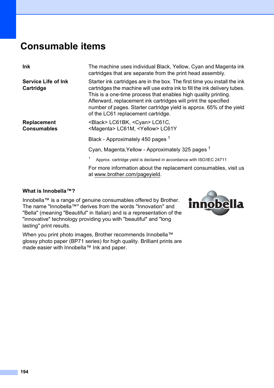 Consumable items | Brother MFC-495CW User Manual | Page 210 / 224
