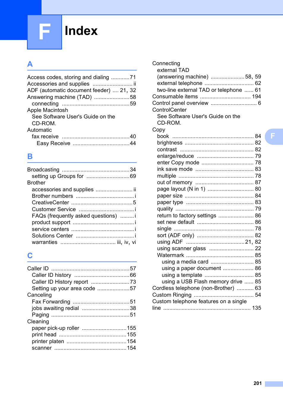 Index | Brother MFC-495CW User Manual | Page 217 / 224