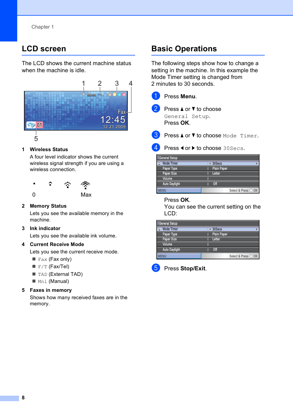 Lcd screen, Basic operations, Lcd screen basic operations | Brother MFC-495CW User Manual | Page 24 / 224
