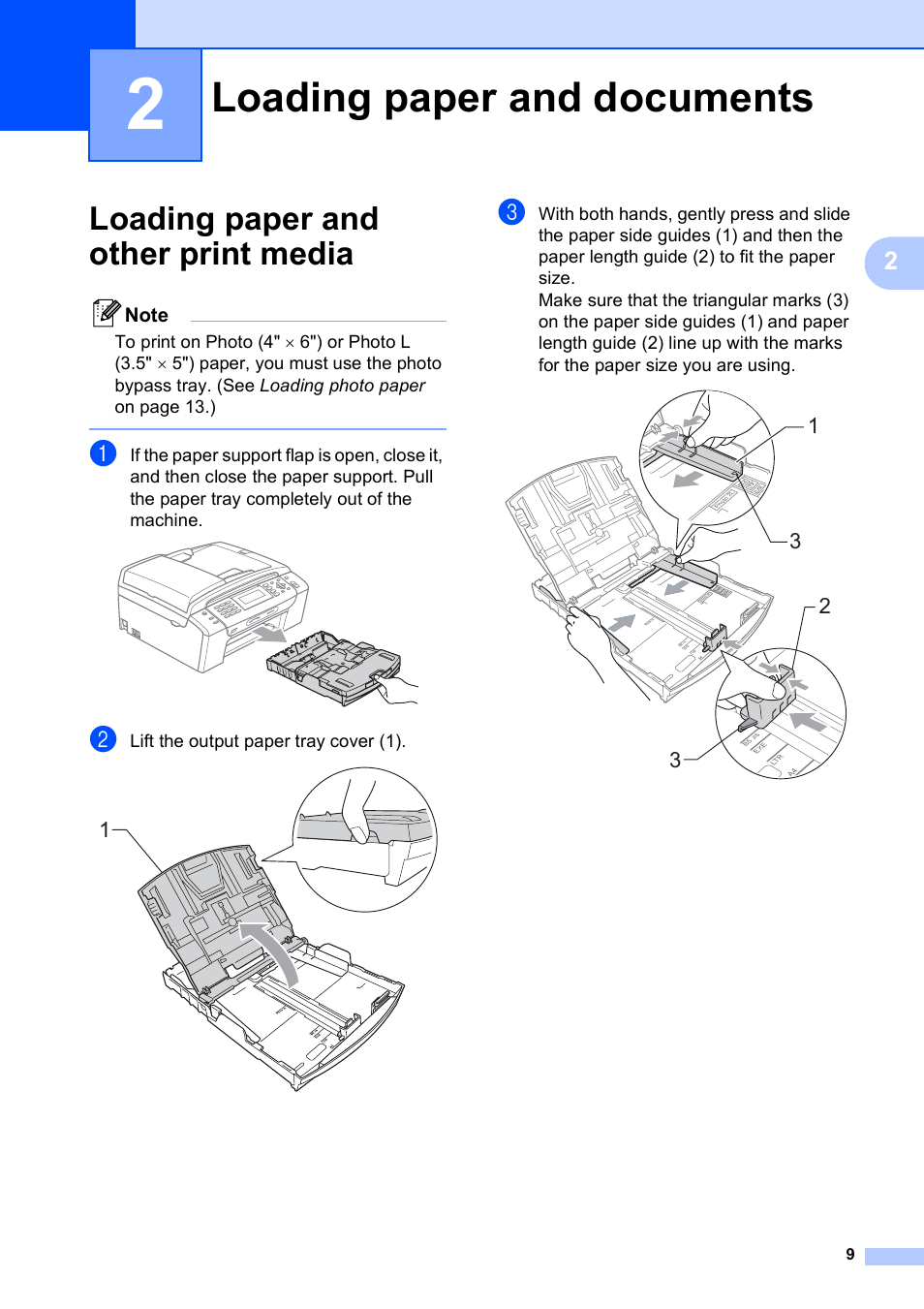 2 loading paper and documents, Loading paper and other print media, Loading paper and documents | Brother MFC-495CW User Manual | Page 25 / 224