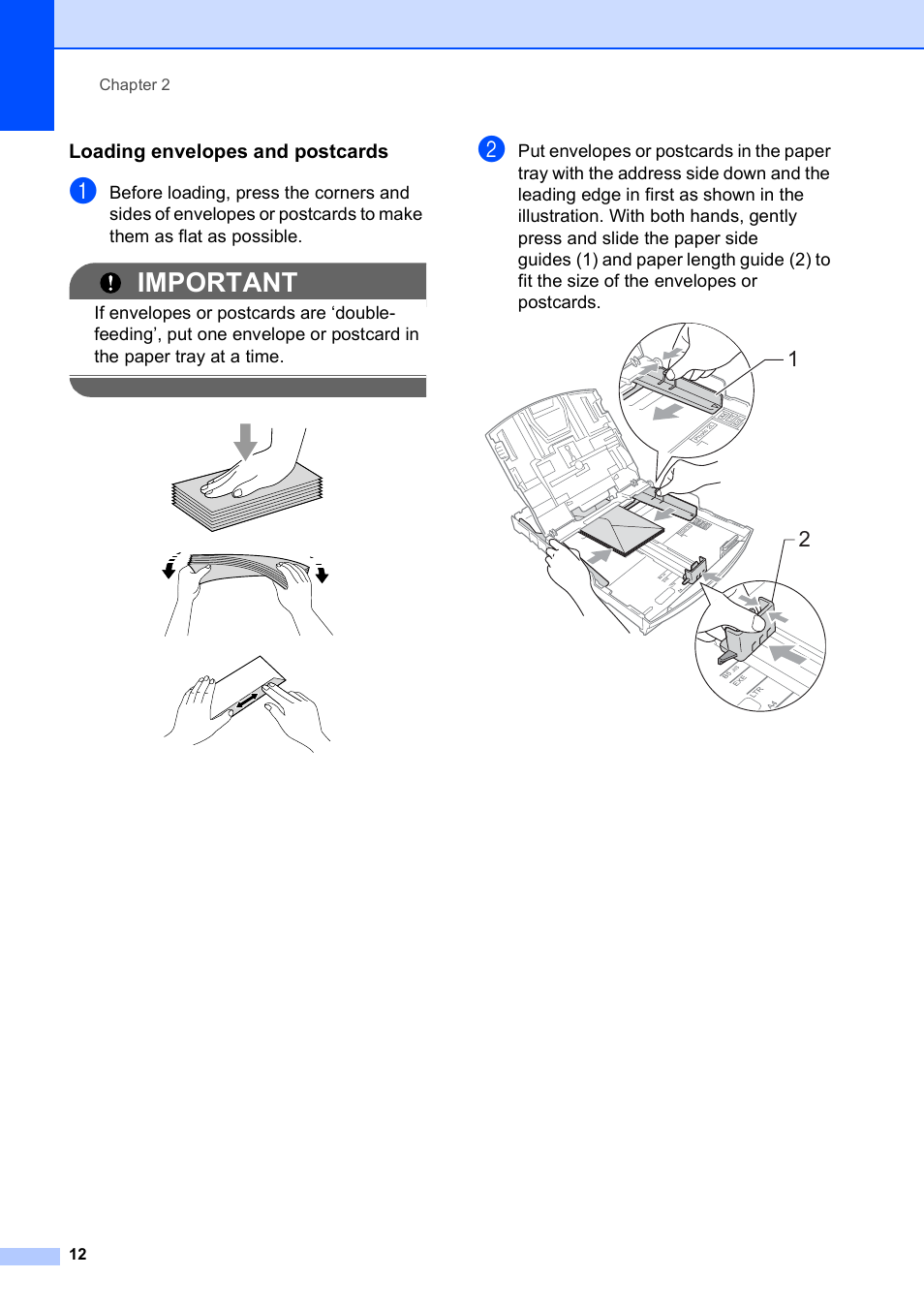 Loading envelopes and postcards, Important | Brother MFC-495CW User Manual | Page 28 / 224