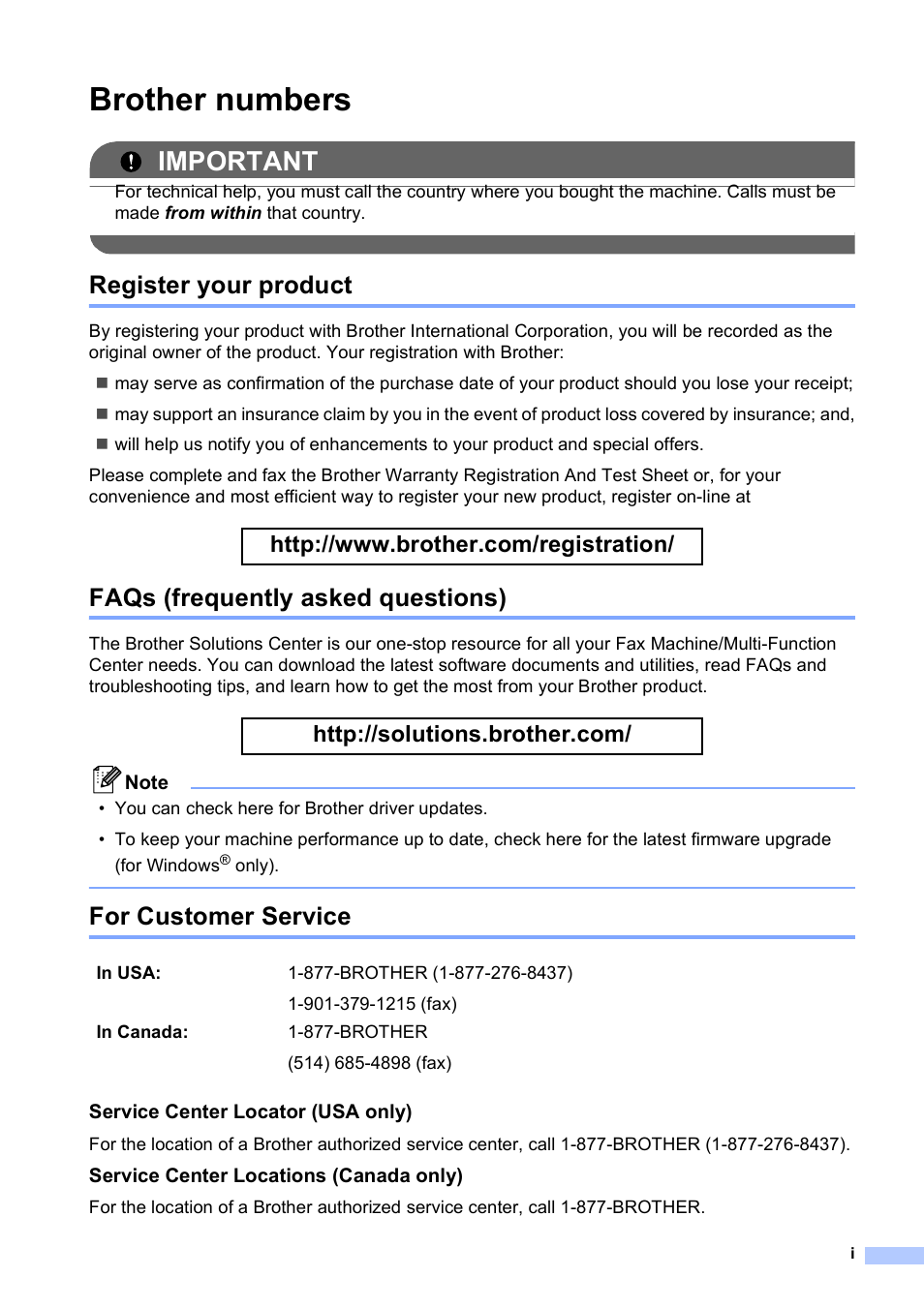 Brother numbers, Register your product, Faqs (frequently asked questions) | For customer service, Important | Brother MFC-495CW User Manual | Page 3 / 224