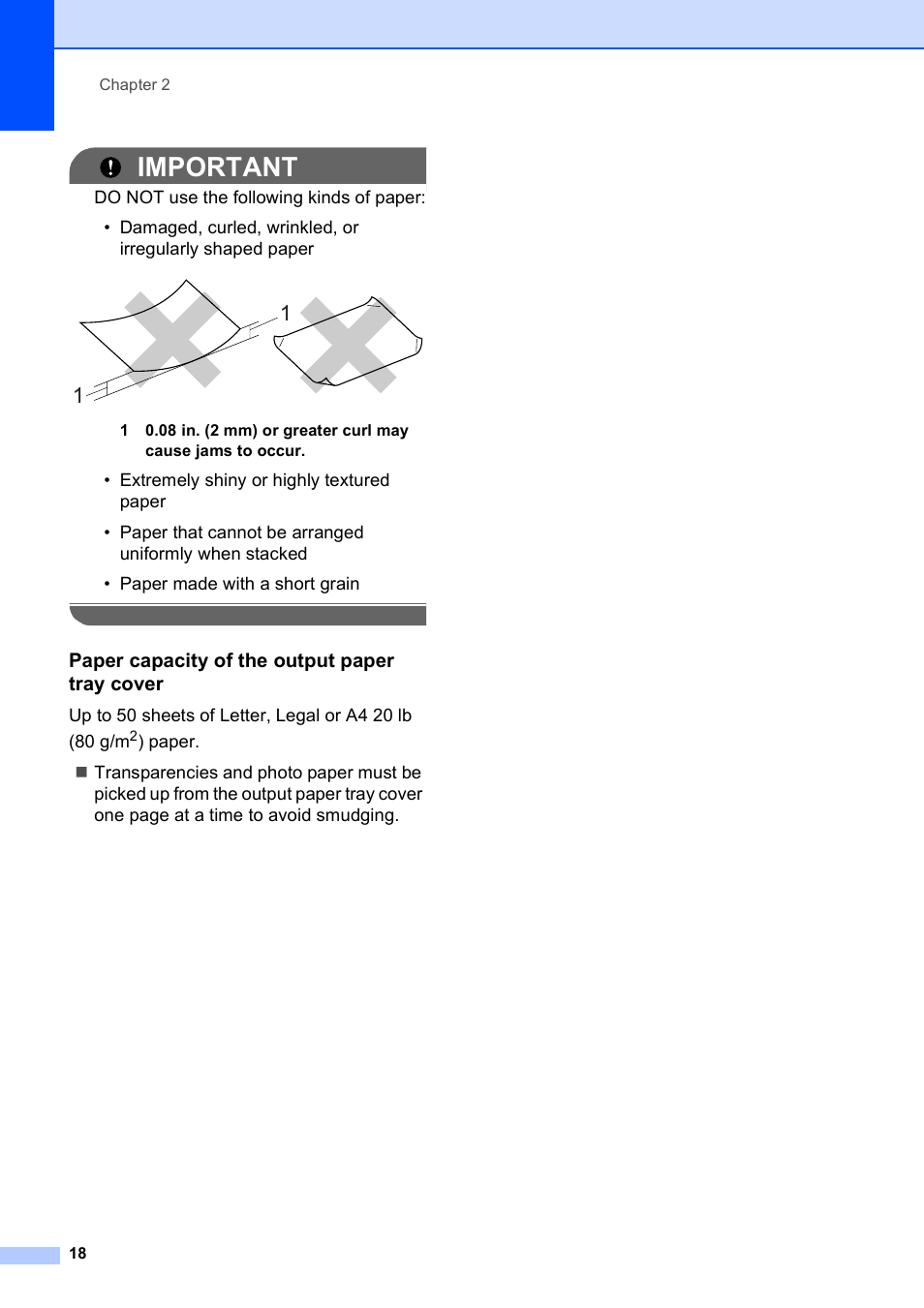 Paper capacity of the output paper tray cover, Important | Brother MFC-495CW User Manual | Page 34 / 224