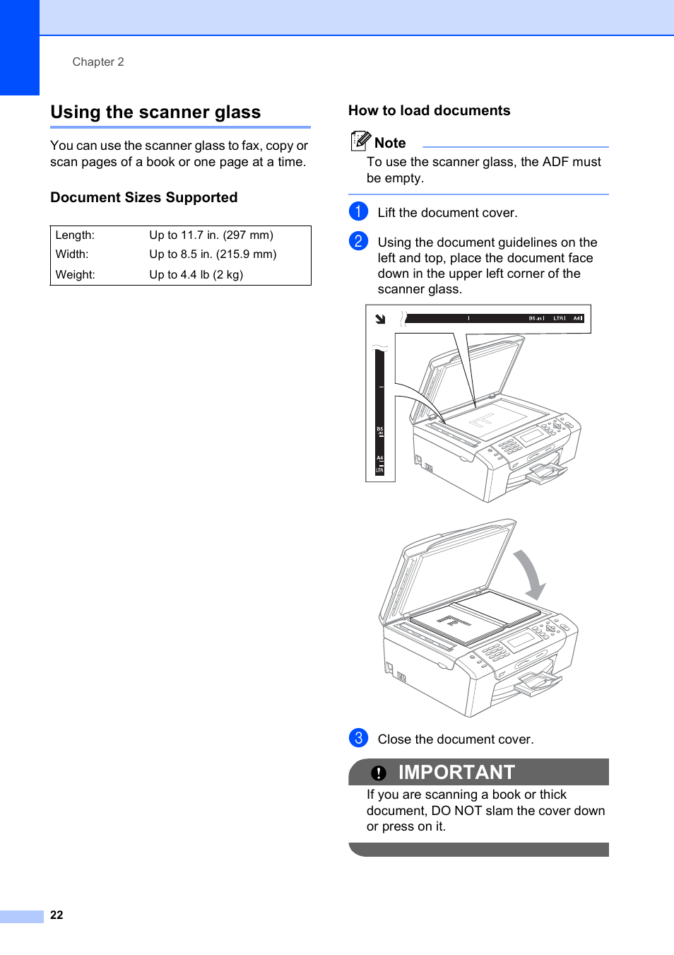 Using the scanner glass, Document sizes supported, How to load documents | Important | Brother MFC-495CW User Manual | Page 38 / 224