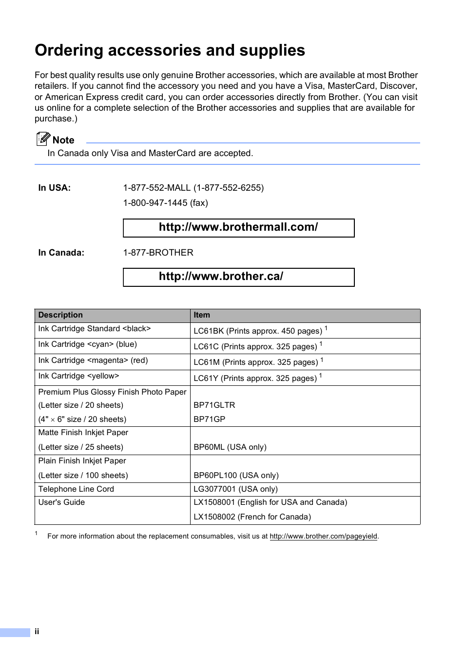 Ordering accessories and supplies | Brother MFC-495CW User Manual | Page 4 / 224