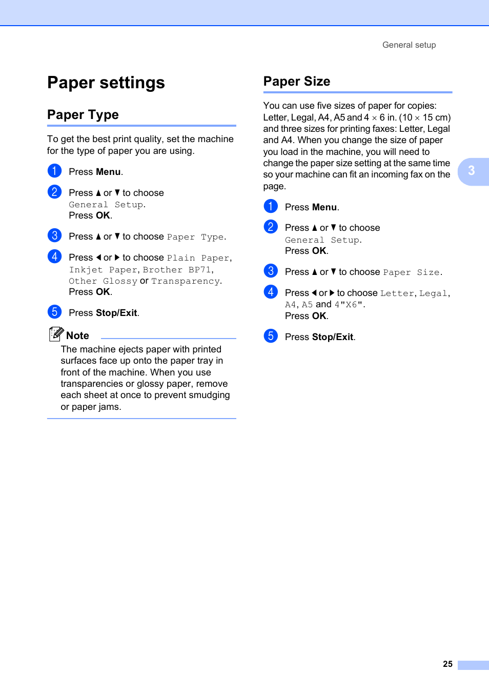Paper settings, Paper type, Paper size | Paper type paper size | Brother MFC-495CW User Manual | Page 41 / 224