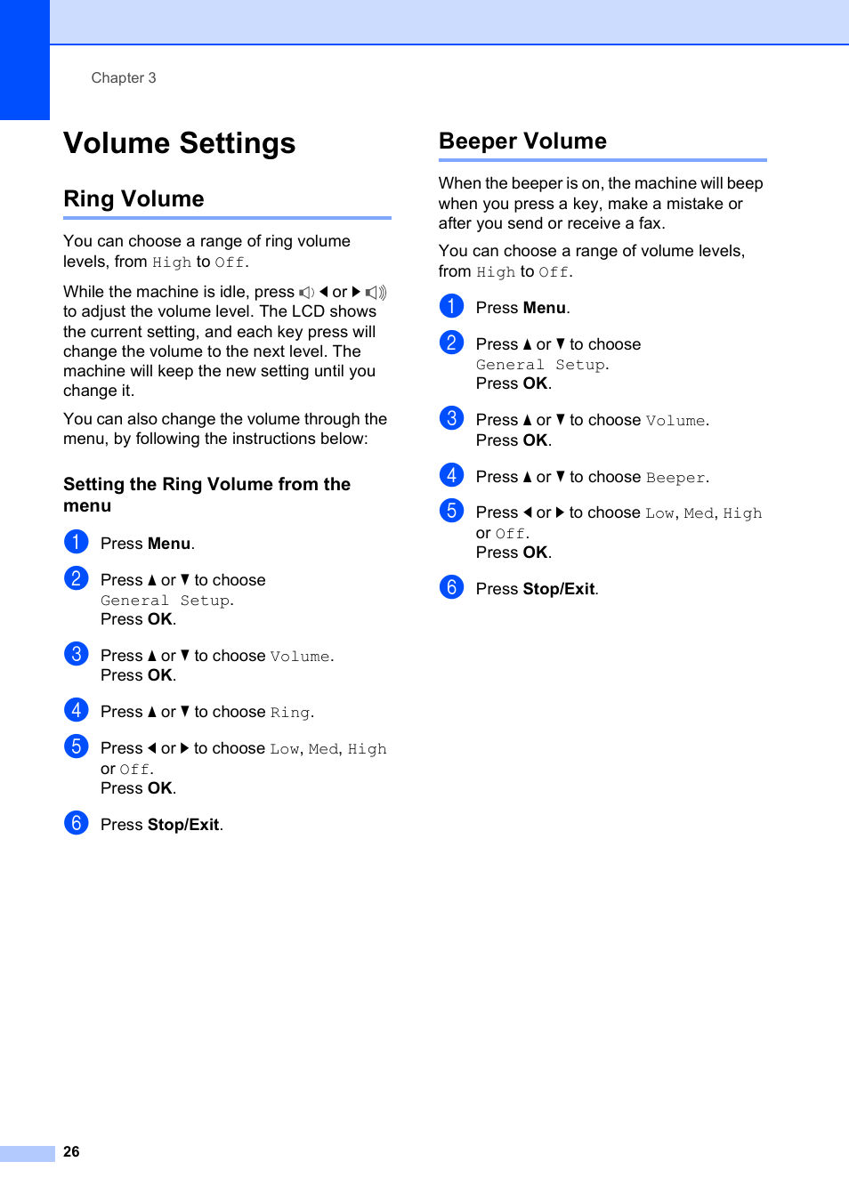 Volume settings, Ring volume, Setting the ring volume from the menu | Beeper volume, Ring volume beeper volume | Brother MFC-495CW User Manual | Page 42 / 224