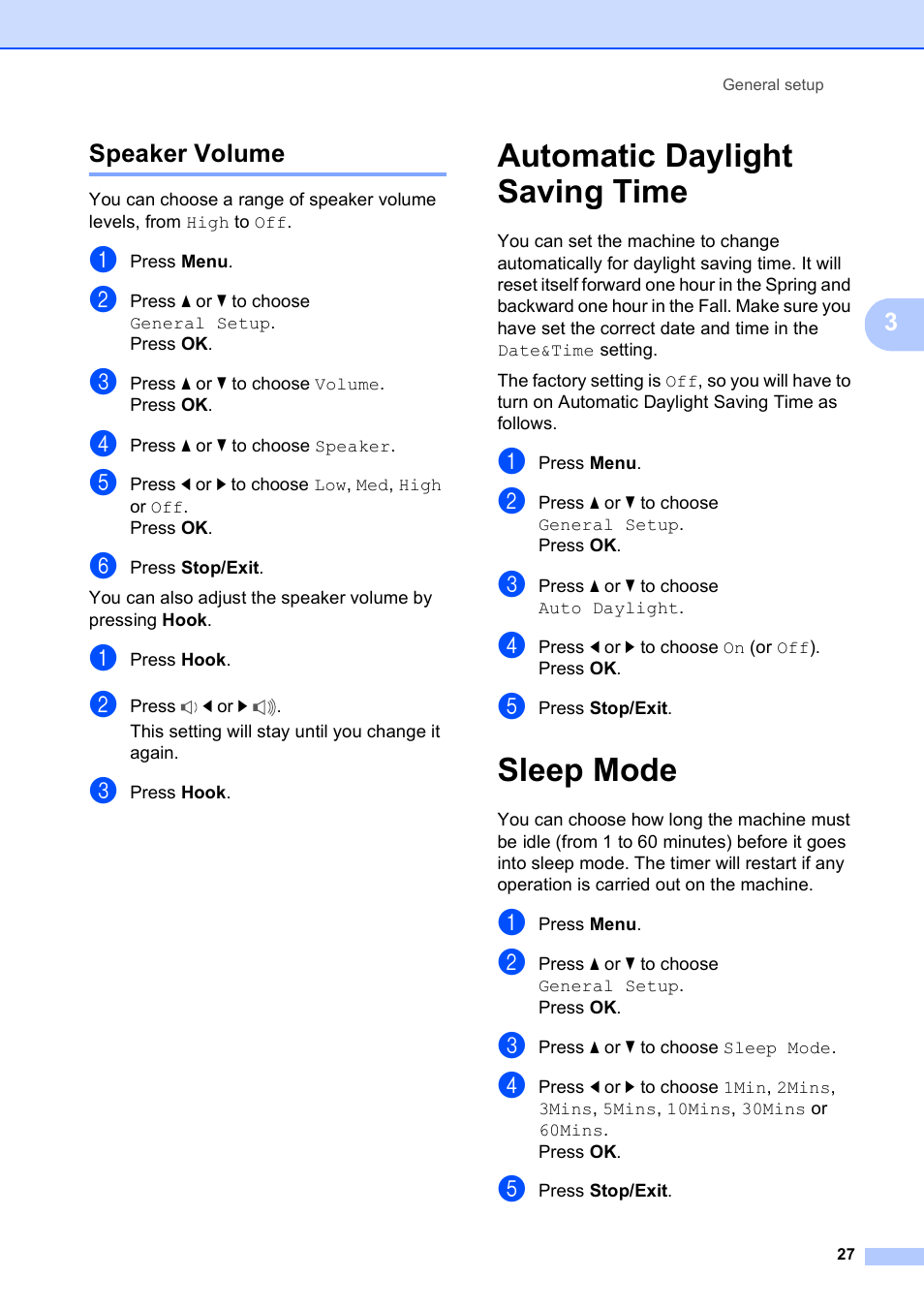 Speaker volume, Automatic daylight saving time, Sleep mode | Automatic daylight saving time sleep mode | Brother MFC-495CW User Manual | Page 43 / 224