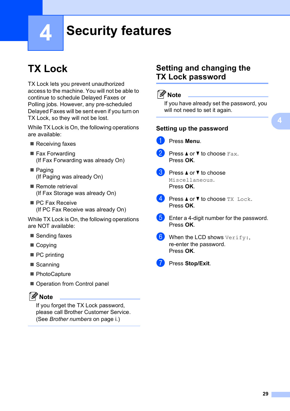4 security features, Tx lock, Setting and changing the tx lock password | Setting up the password, Security features | Brother MFC-495CW User Manual | Page 45 / 224