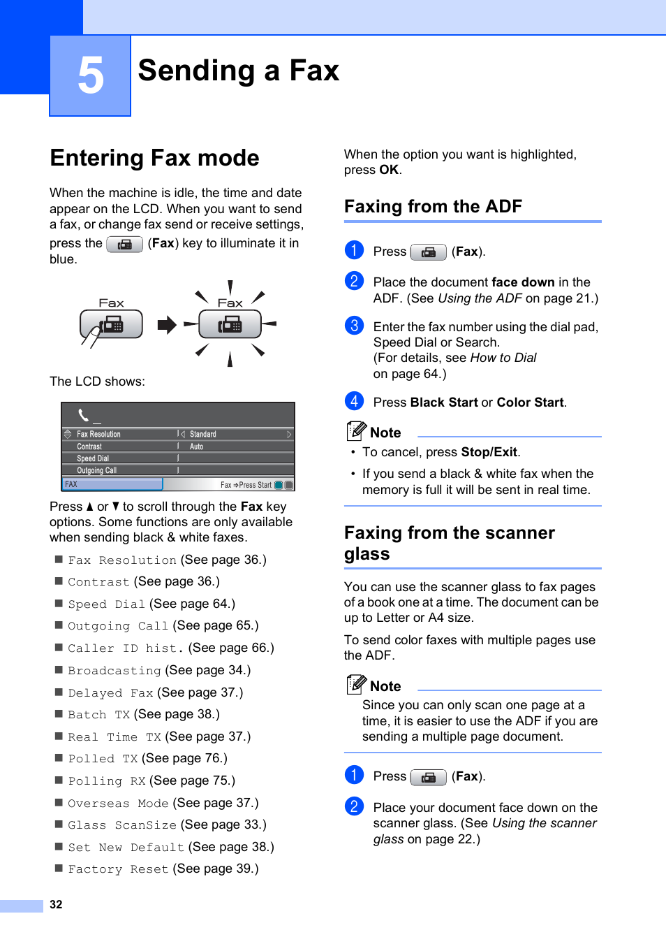 5 sending a fax, Entering fax mode, Faxing from the adf | Faxing from the scanner glass, Sending a fax, Faxing from the adf faxing from the scanner glass | Brother MFC-495CW User Manual | Page 48 / 224