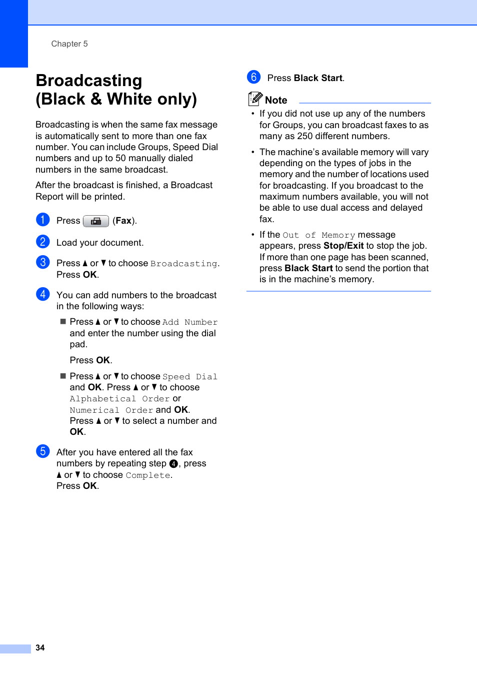 Broadcasting (black & white only) | Brother MFC-495CW User Manual | Page 50 / 224