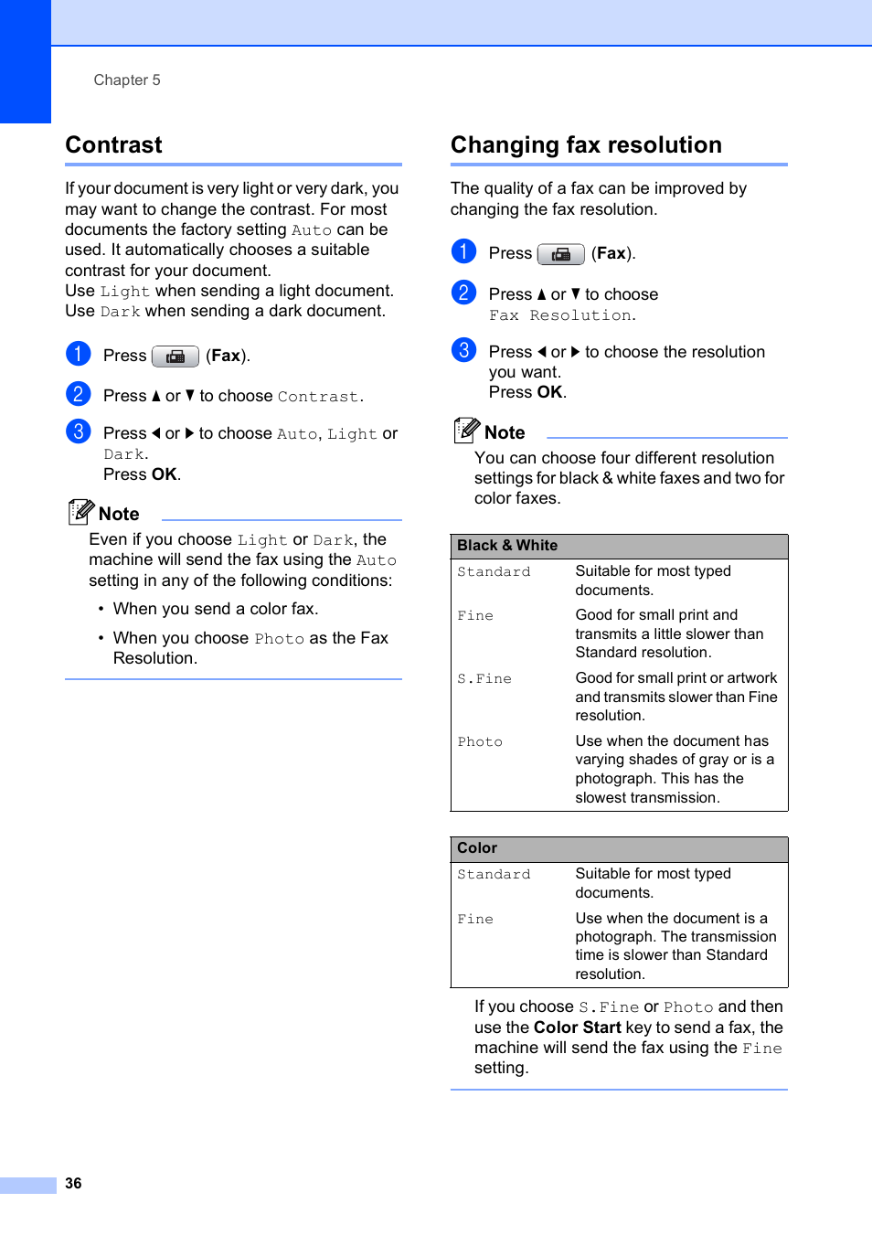 Contrast, Changing fax resolution, Contrast changing fax resolution | Brother MFC-495CW User Manual | Page 52 / 224