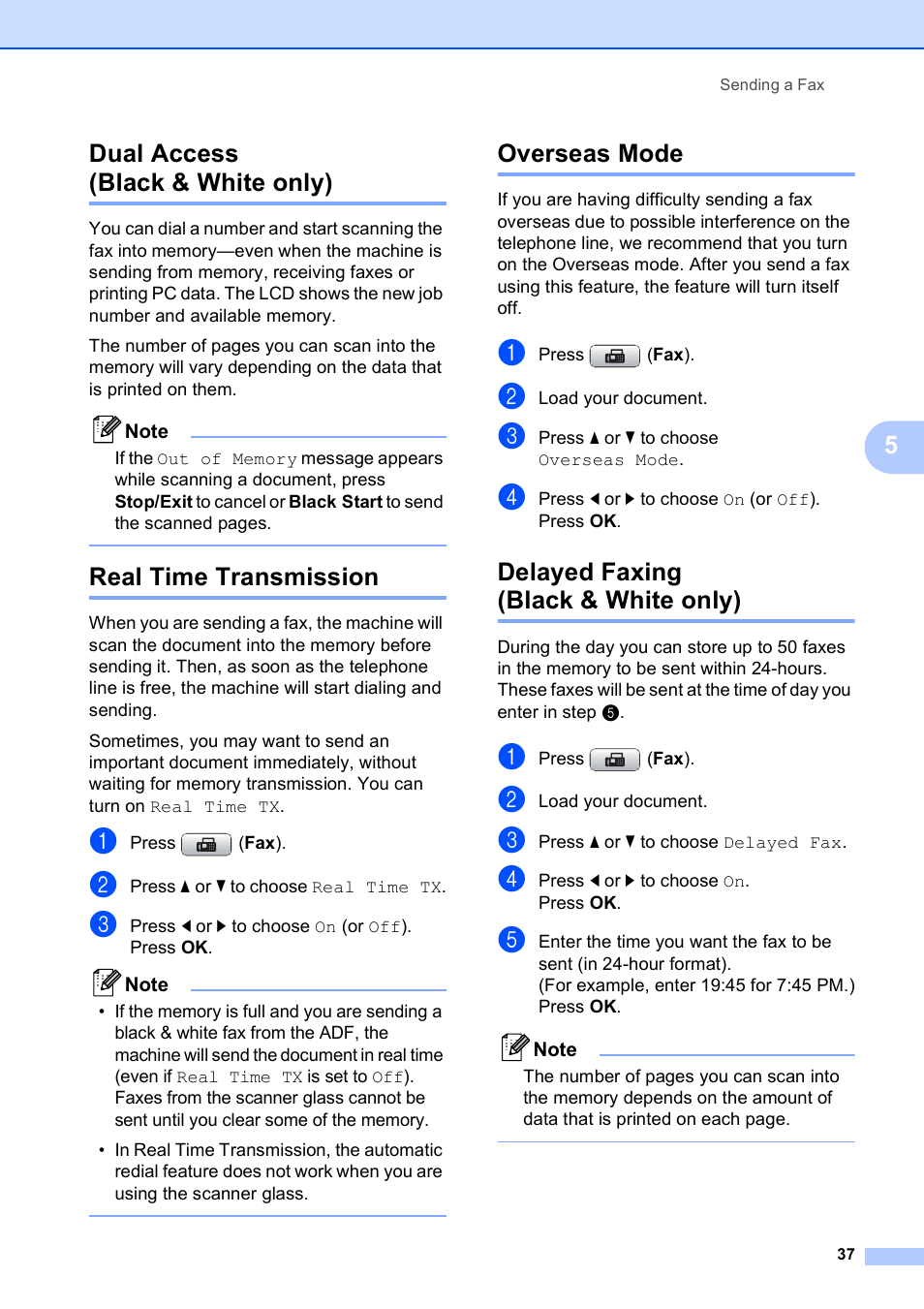 Dual access (black & white only), Real time transmission, Overseas mode | Delayed faxing (black & white only), 5dual access (black & white only) | Brother MFC-495CW User Manual | Page 53 / 224
