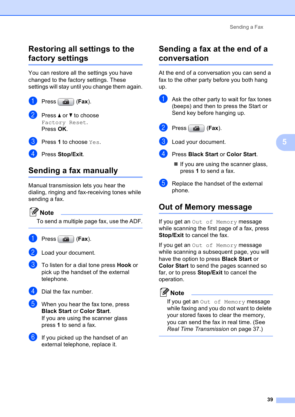 Restoring all settings to the factory settings, Sending a fax manually, Sending a fax at the end of a conversation | Out of memory message, 5restoring all settings to the factory settings | Brother MFC-495CW User Manual | Page 55 / 224