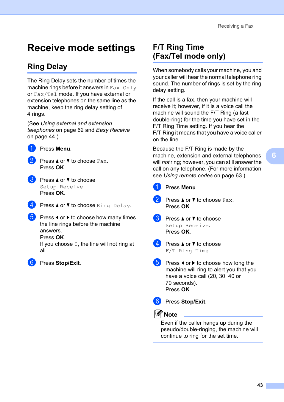 Receive mode settings, Ring delay, F/t ring time (fax/tel mode only) | Ring delay f/t ring time (fax/tel mode only) | Brother MFC-495CW User Manual | Page 59 / 224