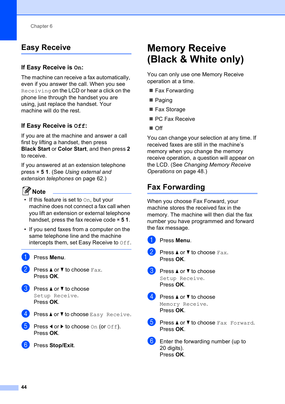 Easy receive, If easy receive is on, If easy receive is off | Memory receive (black & white only), Fax forwarding | Brother MFC-495CW User Manual | Page 60 / 224